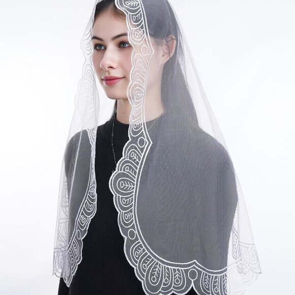 Catholic Church Veil Women Lace Chapel D Shaped Floral Cross Embroidered - Picture 6 of 6